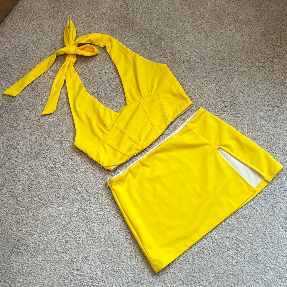 Yellow Two-Piece Halter Top and Skirt Set